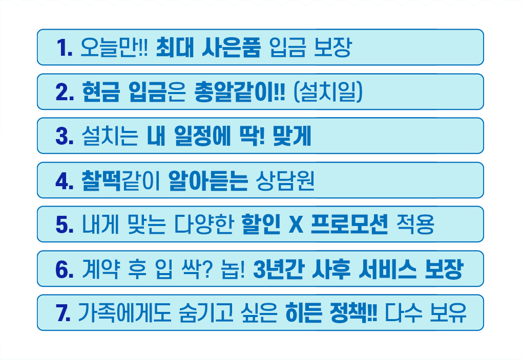 저희 회사의 7가지 특장점을 소개합니다. 오늘만!! 최대 사은품 입금 보장, 오늘만!! 최대 사은품 입금 보장, 설치는 내 일정에 딱! 맞게, 찰떡같이 알아듣는 상담원, 내게 맞는 다양한 할인 X 프로모션 적용, 계약 후 입 싹? 놉! 3년간 사후 서비스 보장, 가족에게도 숨기고 싶은 히든 정책!! 다수 보유